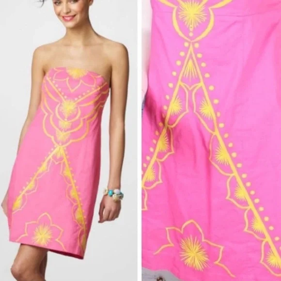 Lilly Pulitzer Bowen Hotty Pink Embroidered Strapless Dress Size 6 - Picture 13 of 13